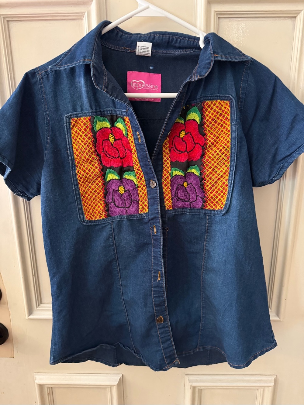 Impressions Women’s  Denim Button-Up Top with Floral Embroidery - Blue